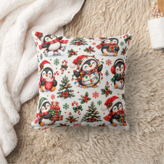 Christmas Penguin Holiday Cheer Throw Pillow