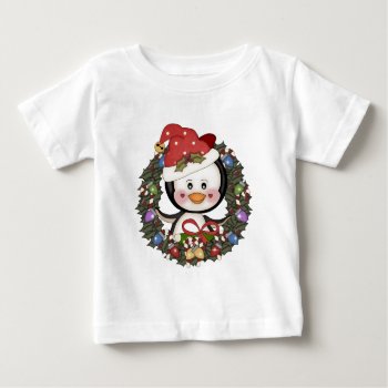 Christmas Penguin Holiday Wreath Baby T-shirt by bonfirechristmas at Zazzle