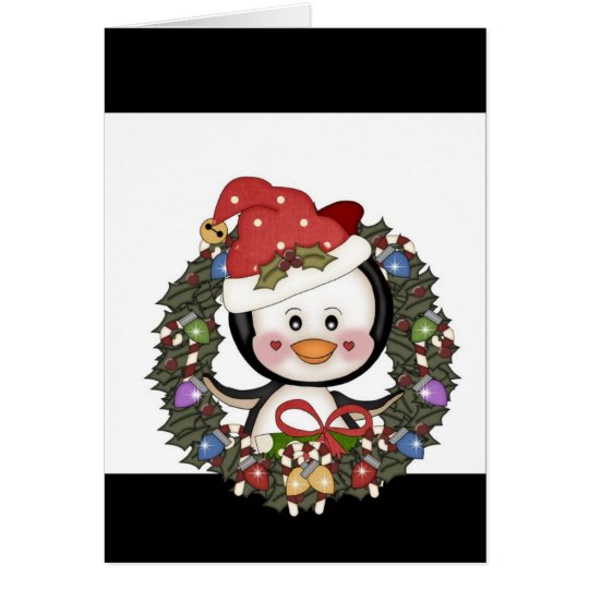 Christmas Penguin Holiday Wreath Card