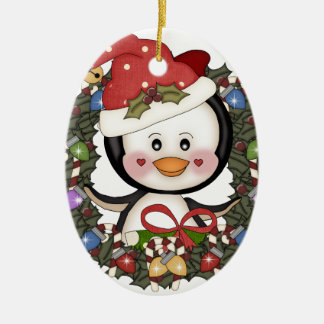 Christmas Penguin Holiday Wreath Ceramic Ornament