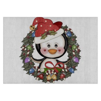 Christmas Penguin Holiday Wreath Cutting Board by bonfirechristmas at Zazzle