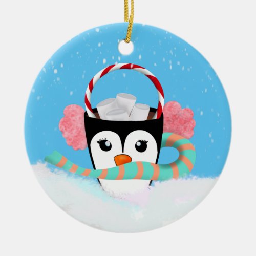 Christmas Penguin Hot Chocolate Ceramic Ornament