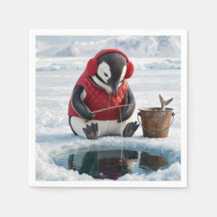 Christmas Penguin Ice Fishing on an Arctic Glacier Napkins