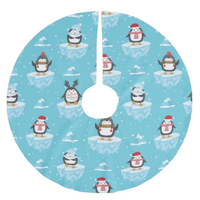 Christmas Penguin Ice Flow Pattern Brushed Polyester Tree Skirt (Front)