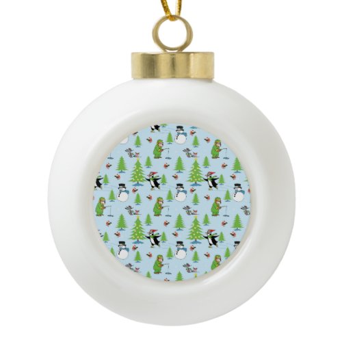 Christmas penguin ice skating and bear fisherman ceramic ball christmas ornament