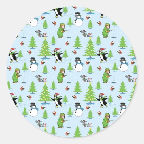 Christmas penguin ice skating and bear fisherman classic round sticker