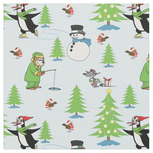 Christmas penguin ice skating and bear fisherman fabric