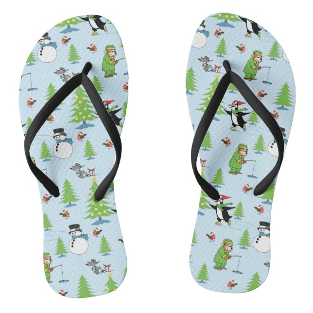 Christmas penguin ice skating and bear fisherman flip flops (Footbed)