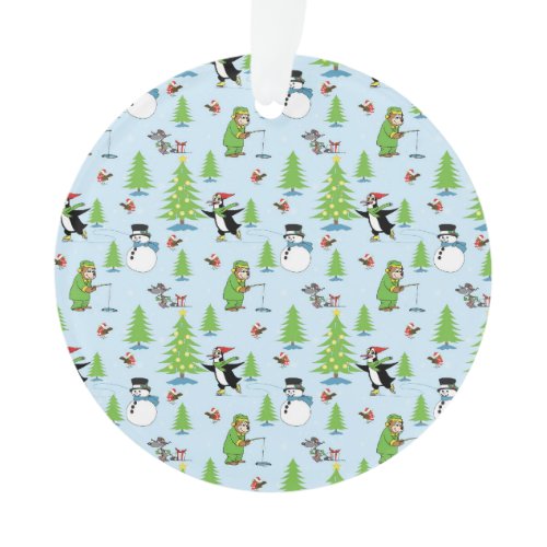 Christmas penguin ice skating and bear fisherman ornament