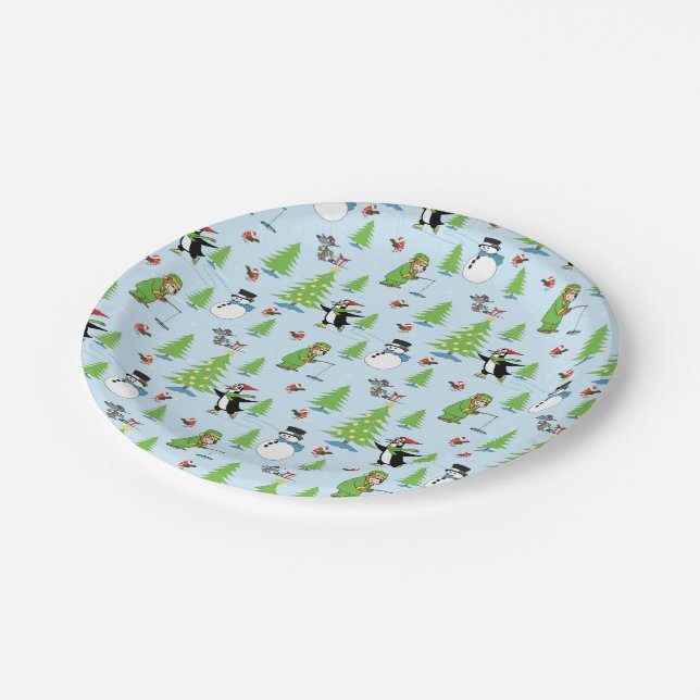 Christmas penguin ice skating and bear fisherman paper plates (Angled)
