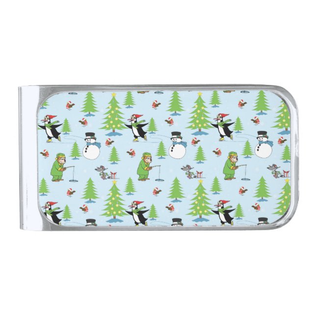 Christmas penguin ice skating and bear fisherman silver finish money clip (Front)