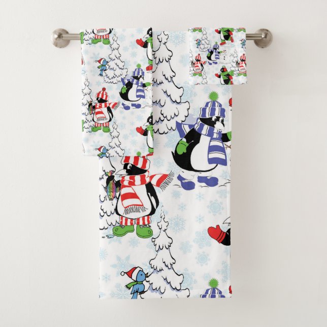 Christmas penguin ice skating bath towel set (Insitu)