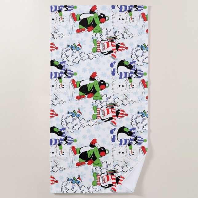 Christmas penguin ice skating beach towel (Front)