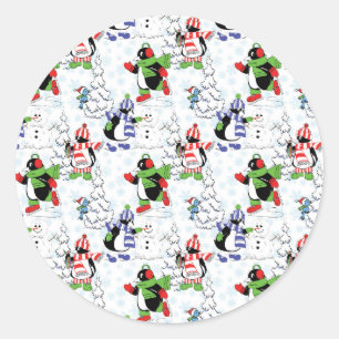 Christmas penguin ice skating classic round sticker