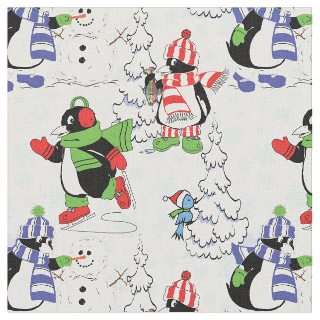Christmas penguin ice skating fabric (Close Up)