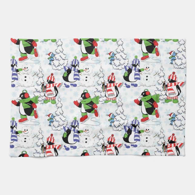 Christmas penguin ice skating kitchen towel (Horizontal)