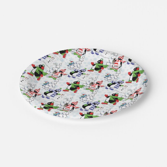 Christmas penguin ice skating paper plates (Angled)