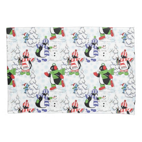 Christmas penguin ice skating pillow case