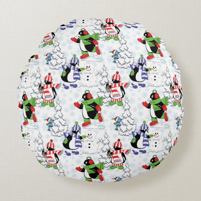 Christmas penguin ice skating round pillow (Front)