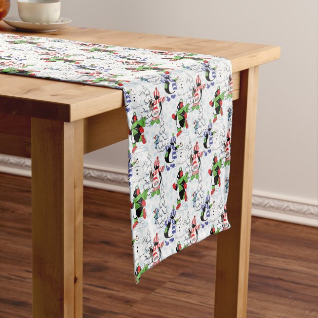 Christmas penguin ice skating short table runner (In Situ)