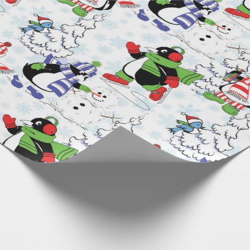 Christmas penguin ice skating wrapping paper