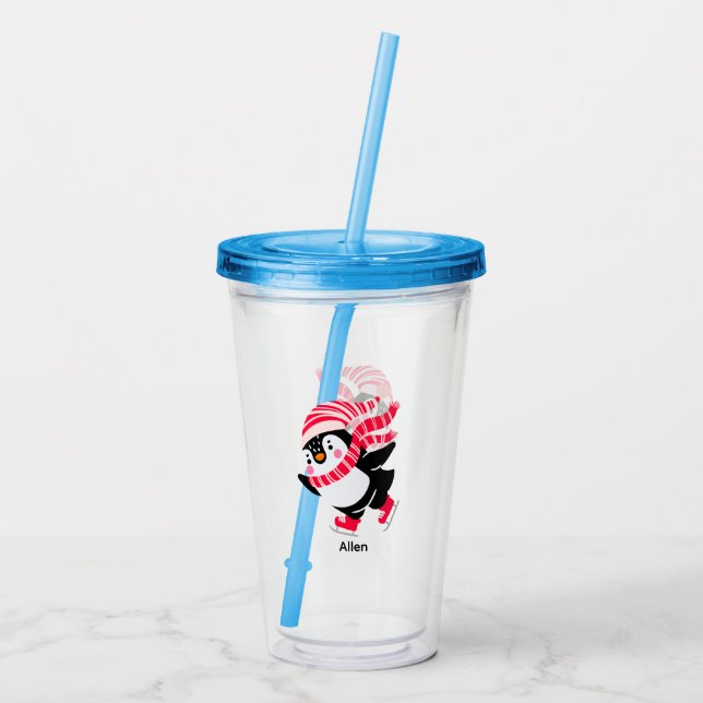 Christmas Penguin in a Hat and Scarf on Skates Acrylic Tumbler (Back)