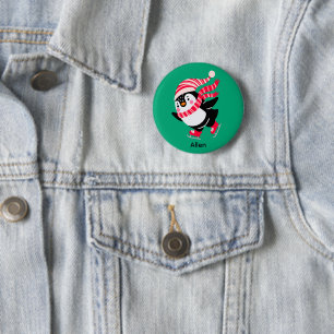 Christmas Penguin in a Hat and Scarf on Skates Button