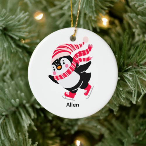 Christmas Penguin in a Hat and Scarf on Skates Ceramic Ornament