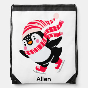 Christmas Penguin in a Hat and Scarf on Skates Drawstring Bag
