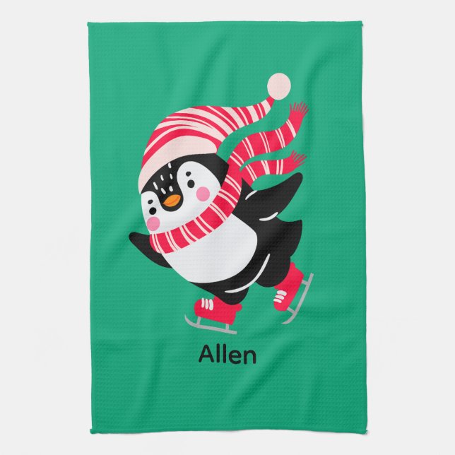 Christmas Penguin in a Hat and Scarf on Skates Kitchen Towel (Vertical)
