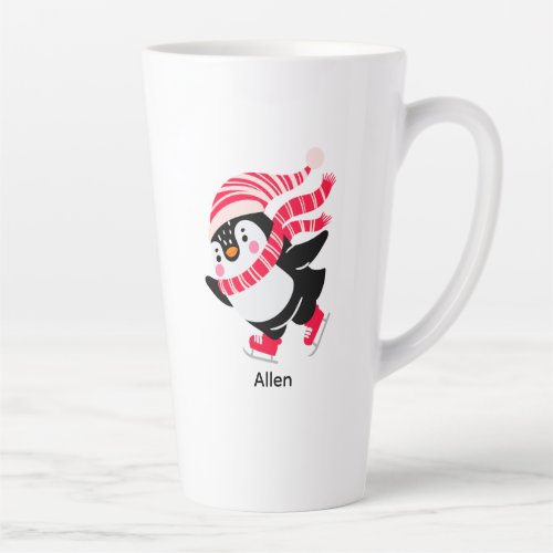 Christmas Penguin in a Hat and Scarf on Skates Latte Mug