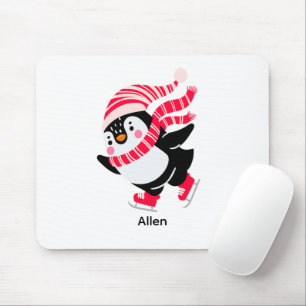 Christmas Penguin in a Hat and Scarf on Skates Mouse Pad