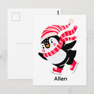 Christmas Penguin in a Hat and Scarf on Skates Postcard