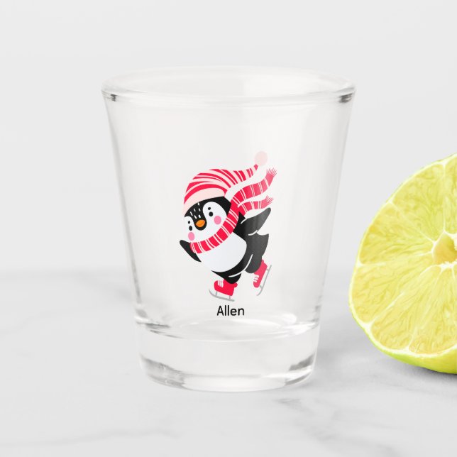 Christmas Penguin in a Hat and Scarf on Skates Shot Glass (Front)