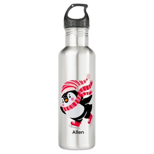 Christmas Penguin in a Hat and Scarf on Skates Stainless Steel Water Bottle