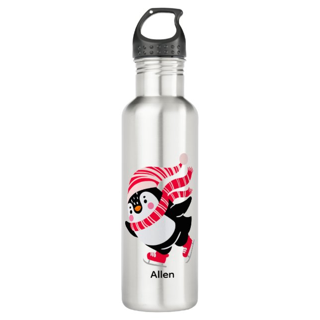 Christmas Penguin in a Hat and Scarf on Skates Stainless Steel Water Bottle (Front)