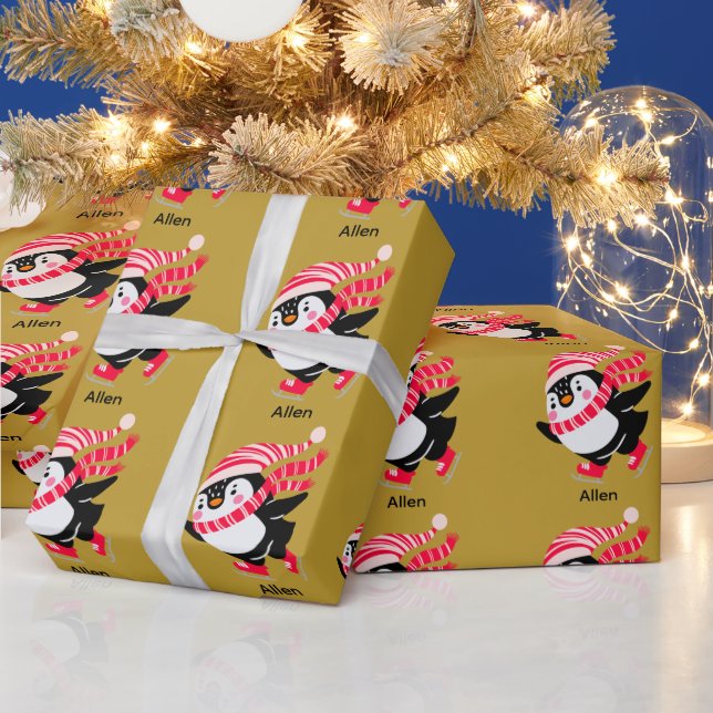 Christmas Penguin in a Hat and Scarf on Skates Wrapping Paper (Holidays)