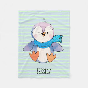 Christmas Penguin in Scarf Watercolor Art Blanket
