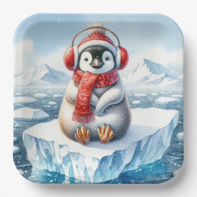 Christmas Penguin In Snowflakes Paper Plates (Front)
