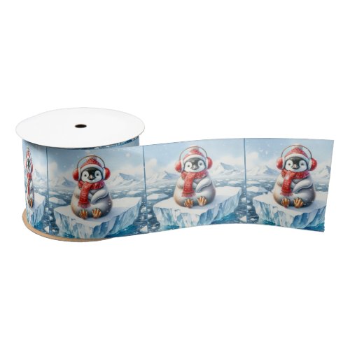 Christmas Penguin In Snowflakes Satin Ribbon