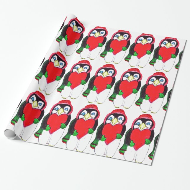 CHRISTMAS PENGUIN LOVE wrapping paper (Unrolled)