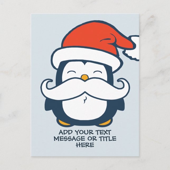 Christmas Penguin Mustache Add Your Text | Blue Postcard (Front)