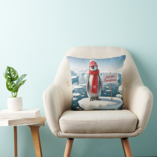 Christmas Penguin On An Iceberg Throw Pillow