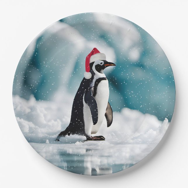 Christmas Penguin On Iceberg Paper Plates (Front)