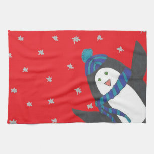 Christmas Penguin on Red Kitchen Towel