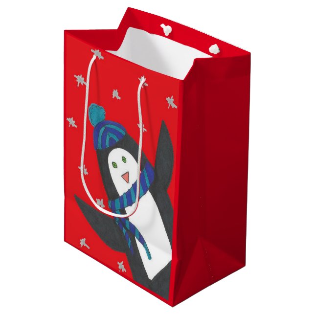 Christmas Penguin on Red  Medium Gift Bag (Front Angled)