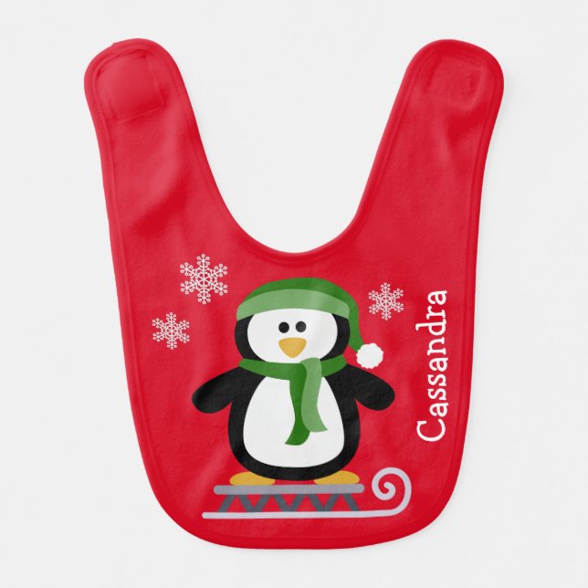 Christmas Penguin on Sled Red Bib (Front)