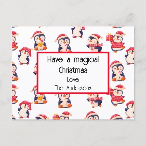 Christmas penguin pattern holiday postcard