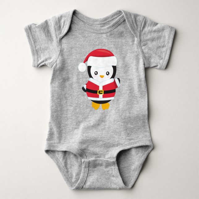 Christmas Penguin, Penguin With Santa Hat, Belt Baby Bodysuit (Front)