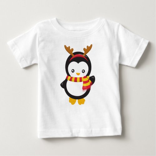 Christmas Penguin Penguin With Scarf Antlers Baby T_Shirt
